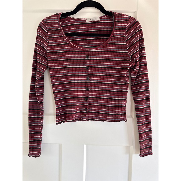 gaze Tops - Gaze Striped Ribbed Knit Ruffle Trim Button Front Long Sleeve Top Medium